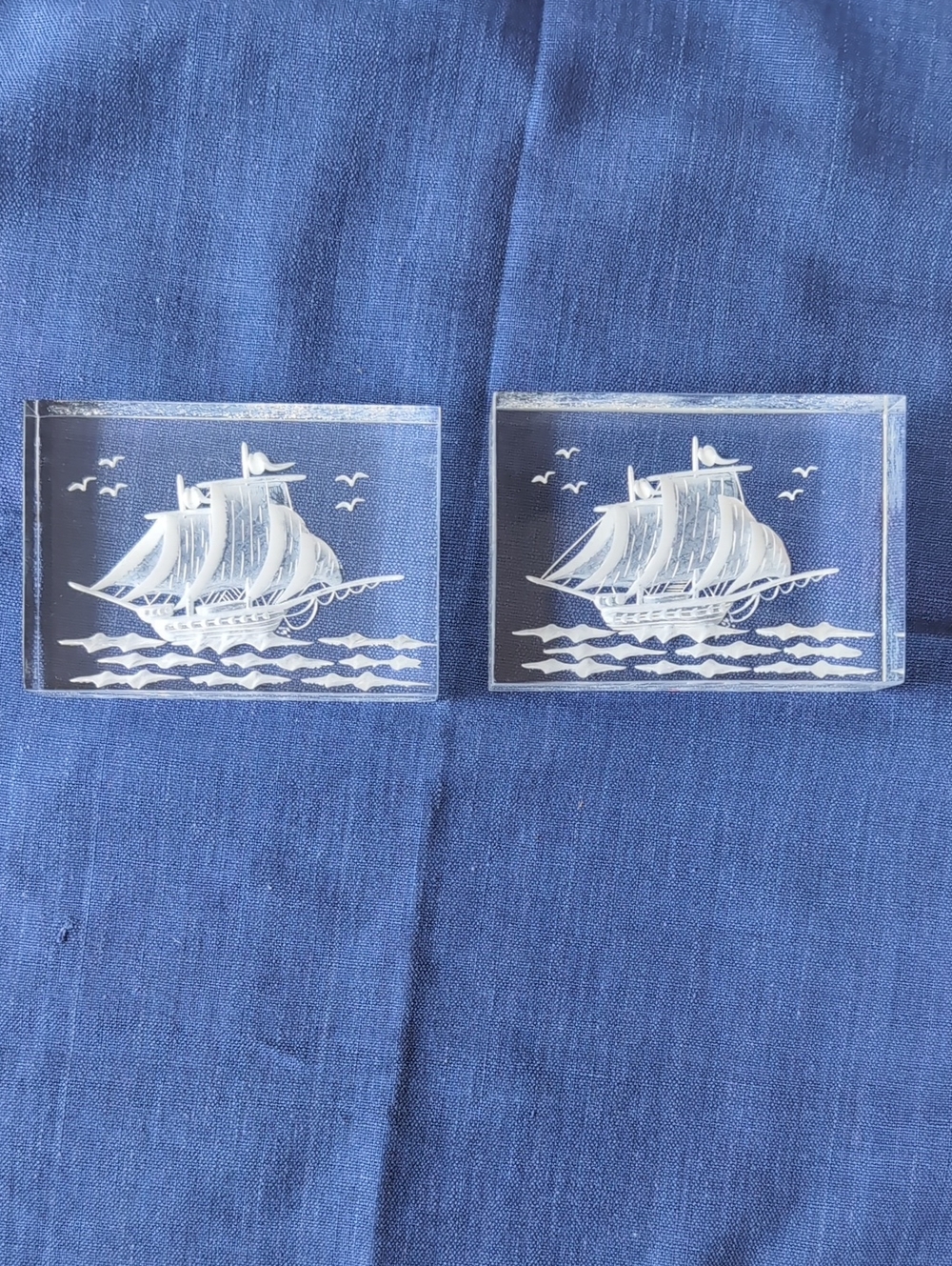Vintage Acrylic Sailing Ship Paperweight Set Clear